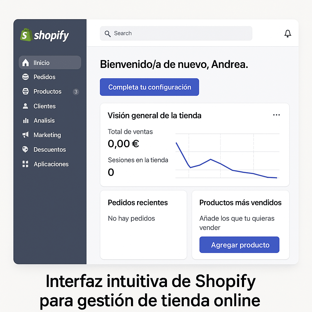 Interfaz intuitiva de Shopify para gestión de tienda online