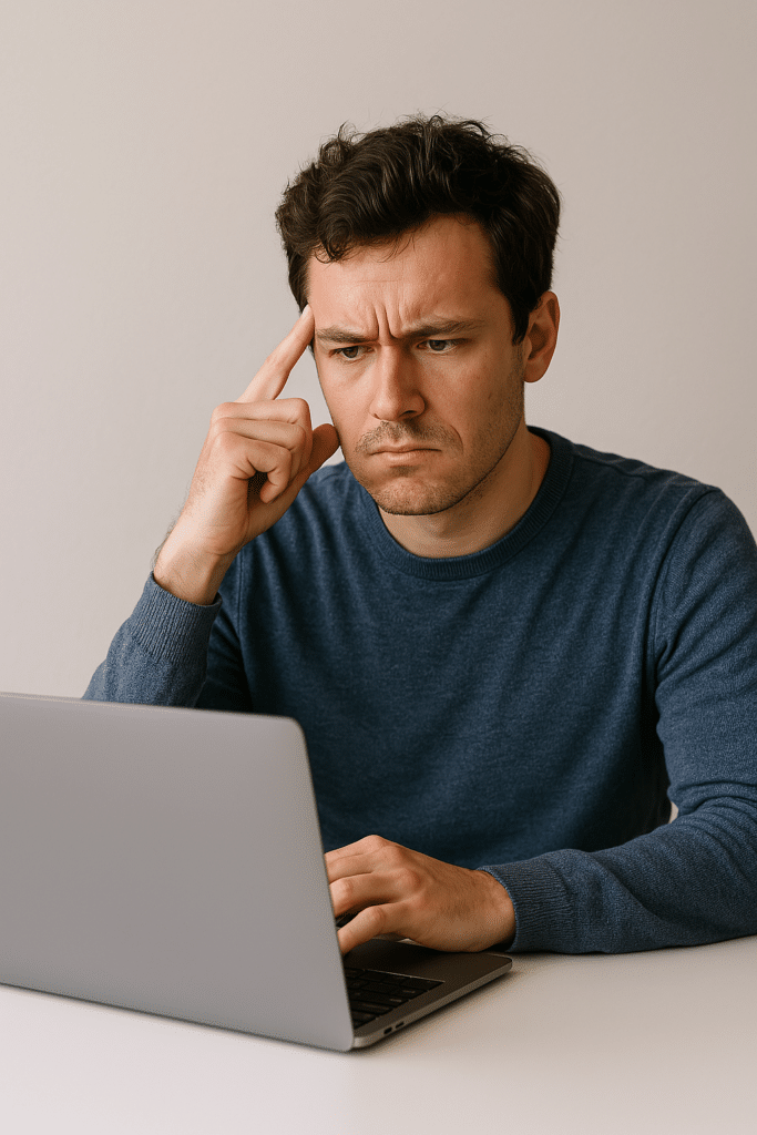 Una persona frente al ordenador con expresión de sorpresa o análisis, mirando una web anticuada.