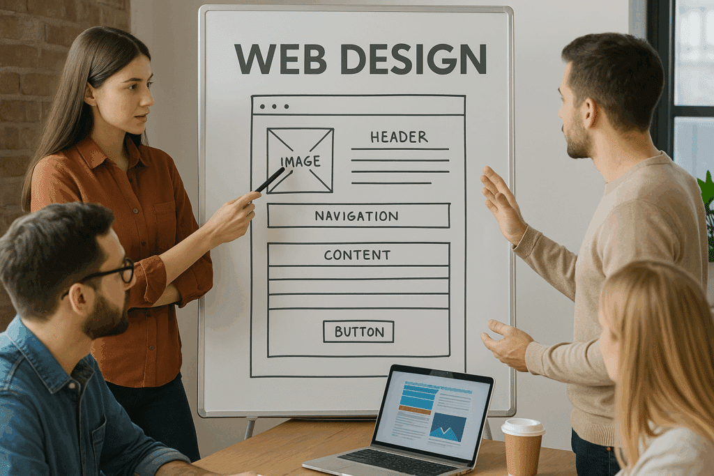 Grupo de diseñadores web analizando el diseño de una página en una pizarra con estructura wireframe, discutiendo elementos clave como imagen, navegación y botones.