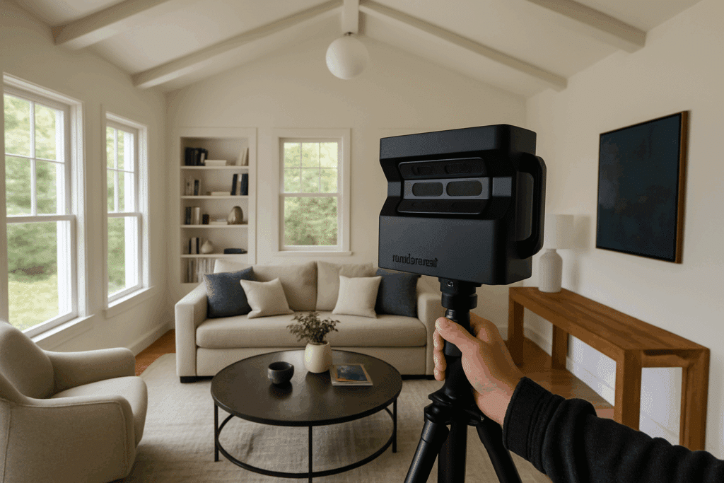 Escaneo 3D Matterport capturando un salón comercial moderno y luminoso, ideal para atraer clientes mostrando el espacio real con detalle