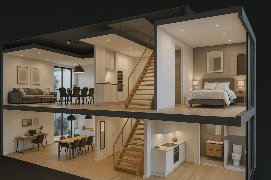 Vista 3D seccionada de una vivienda moderna que simula una experiencia Matterport, ideal para comparar con una grabación en vídeo tradicional