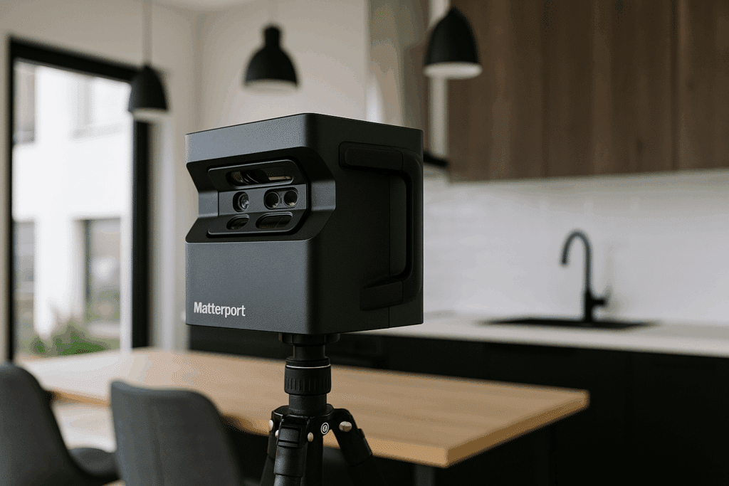 Cámara Matterport montada en trípode capturando un espacio de cocina moderna, ideal para mostrar ejemplos de uso en sectores como inmobiliaria, hostelería o arquitectura