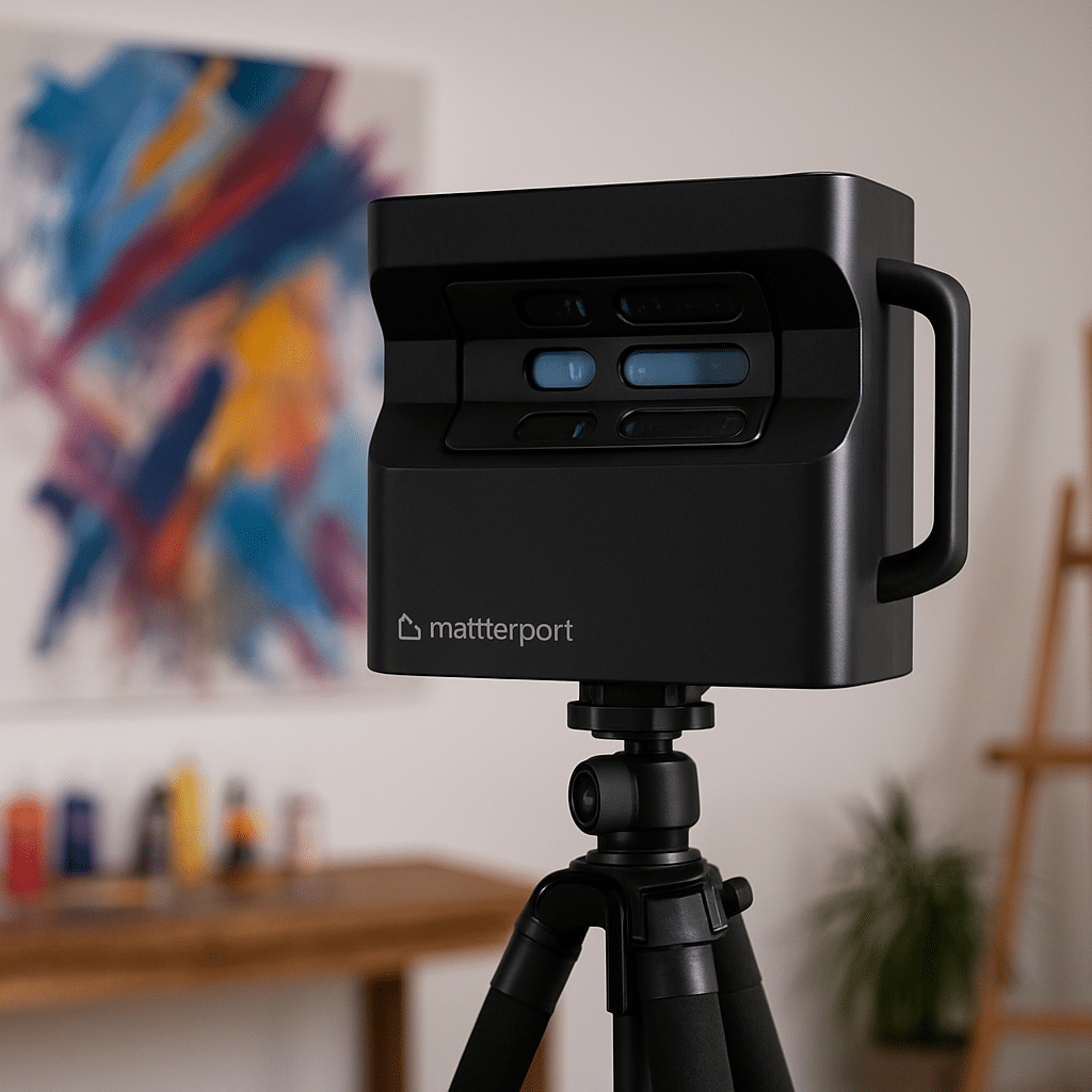 Cámara Matterport profesional colocada en trípode lista para escanear un espacio interior moderno con fondo artístico