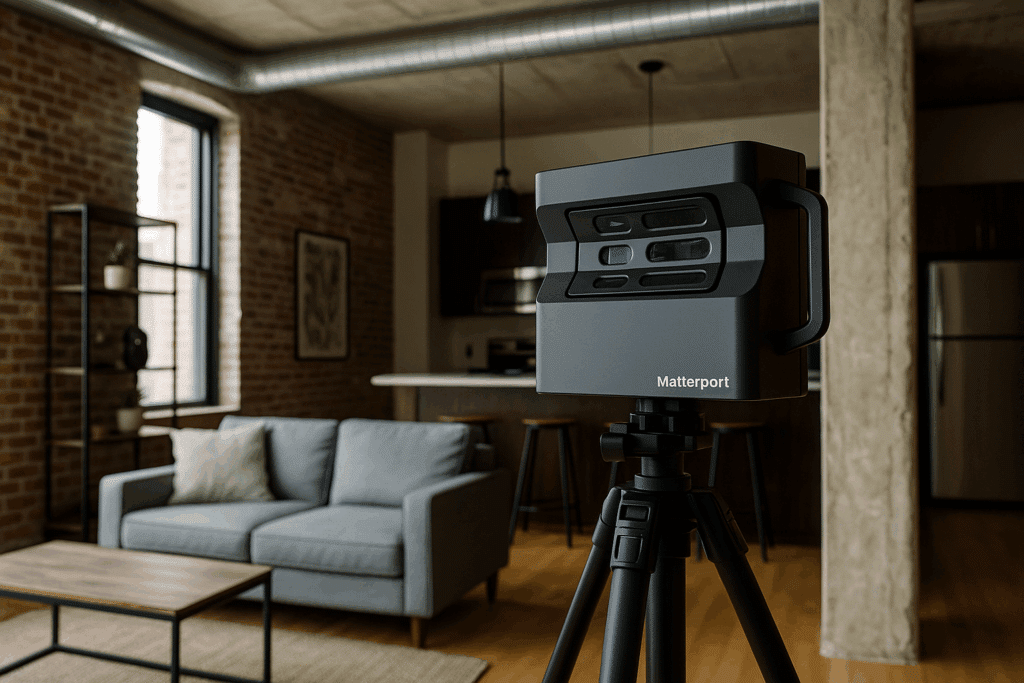 Cámara Matterport profesional capturando un moderno loft con cocina al fondo, ideal para ilustrar el proceso y valor de una visita 3D