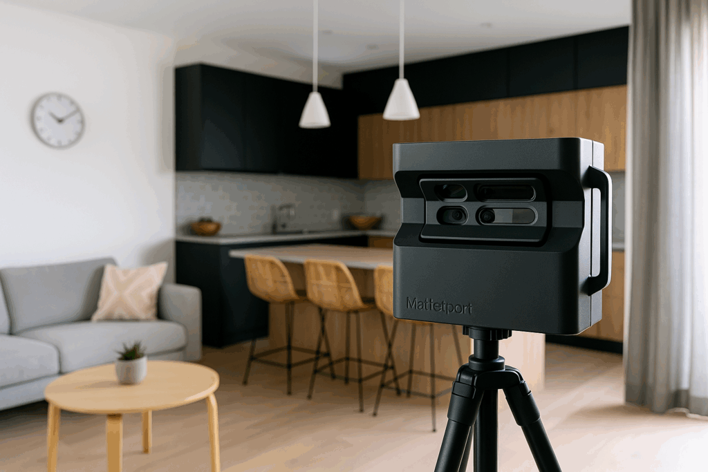 Cámara Matterport capturando una sala moderna lista para integrar su recorrido virtual en una web corporativa o perfil de Google