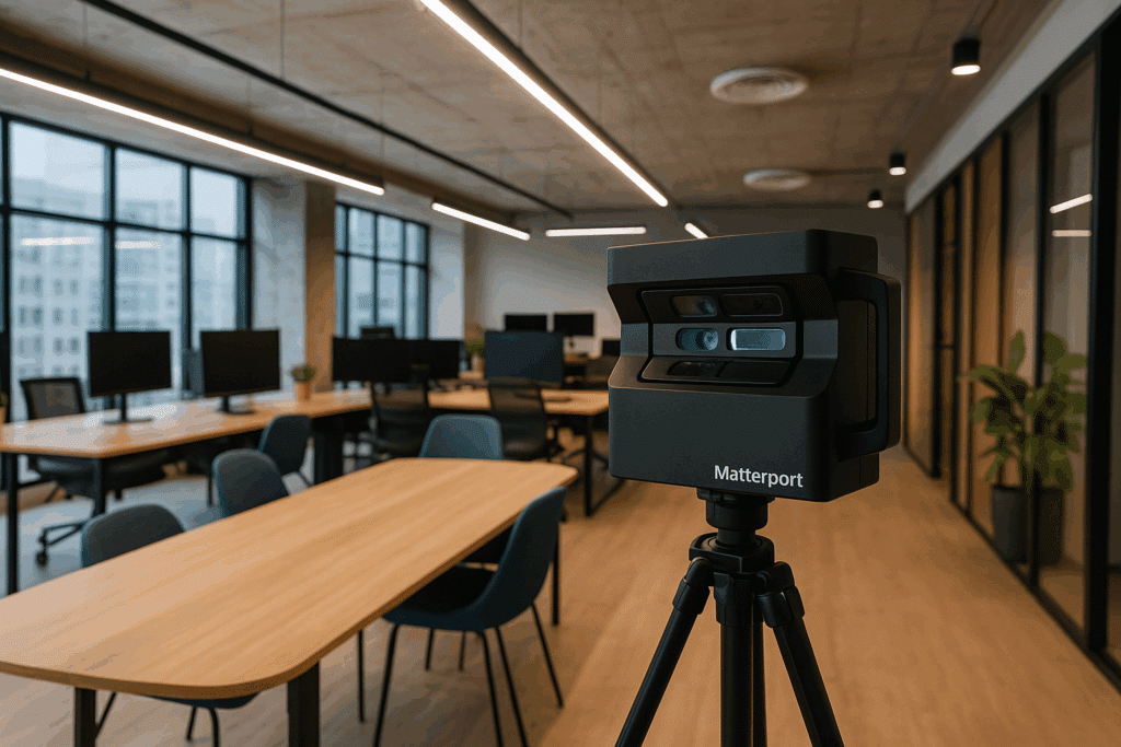 Oficina moderna escaneada con Matterport mostrando el recorrido virtual como alternativa eficiente a las visitas físicas tradicionales
