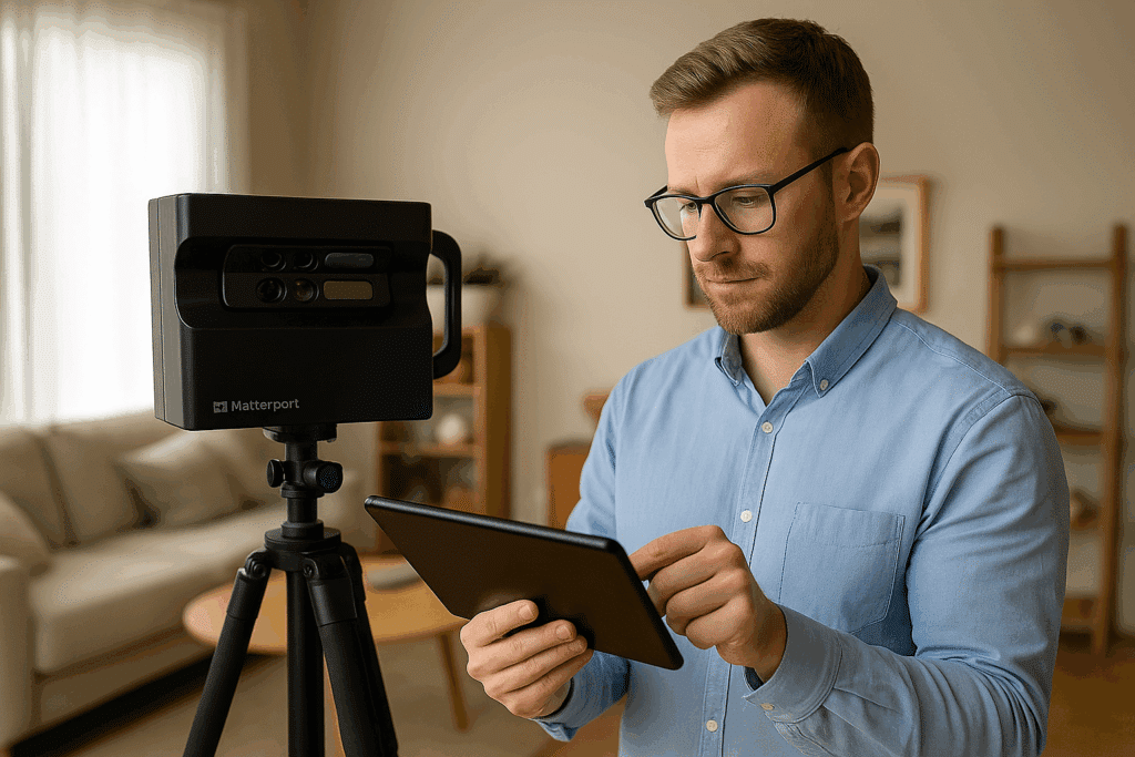 Persona usando un escáner Matterport 3D en una sala moderna, visualizando el recorrido virtual en un portátil durante el proceso de captura