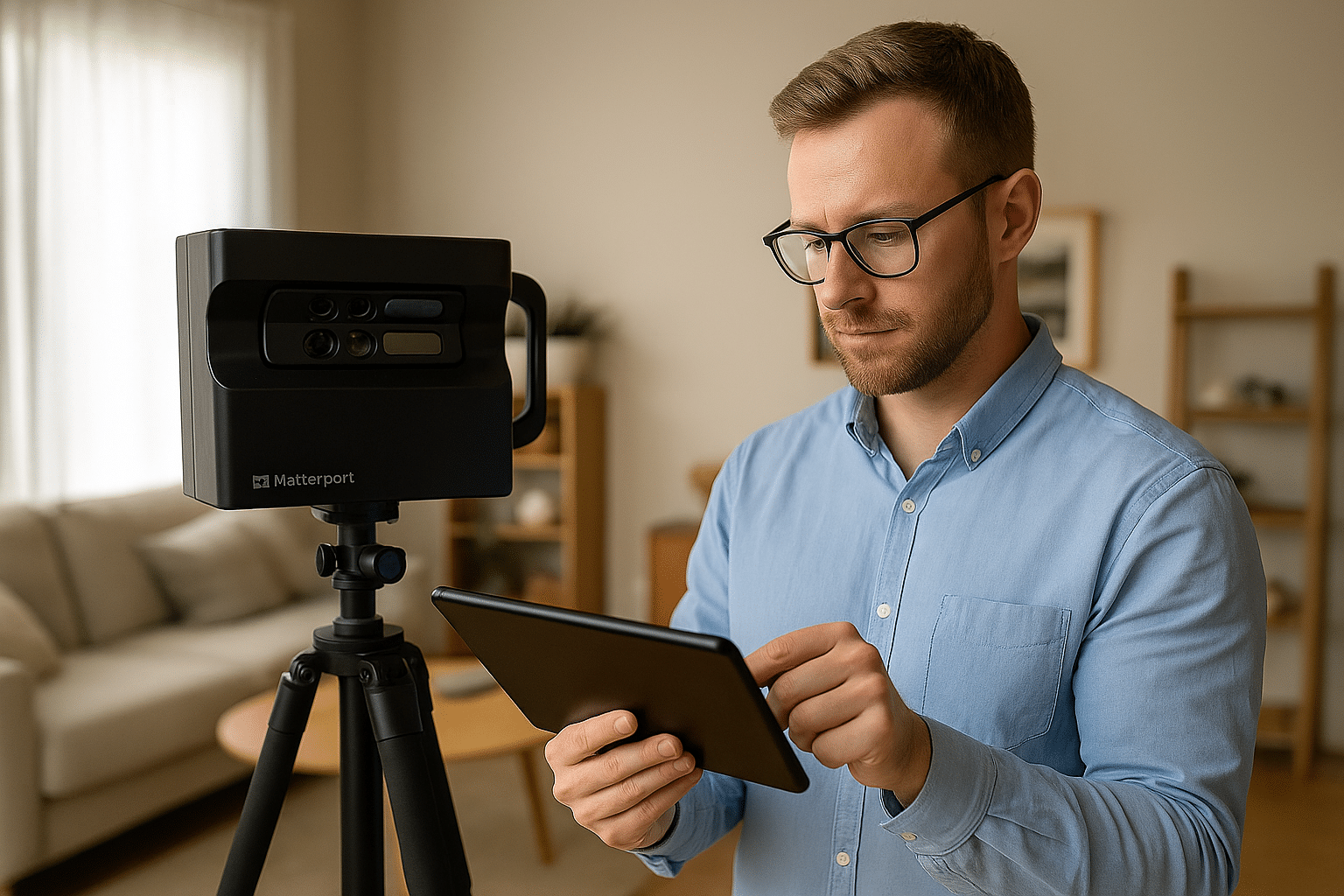 Persona usando un escáner Matterport 3D en una sala moderna, visualizando el recorrido virtual en un portátil durante el proceso de captura