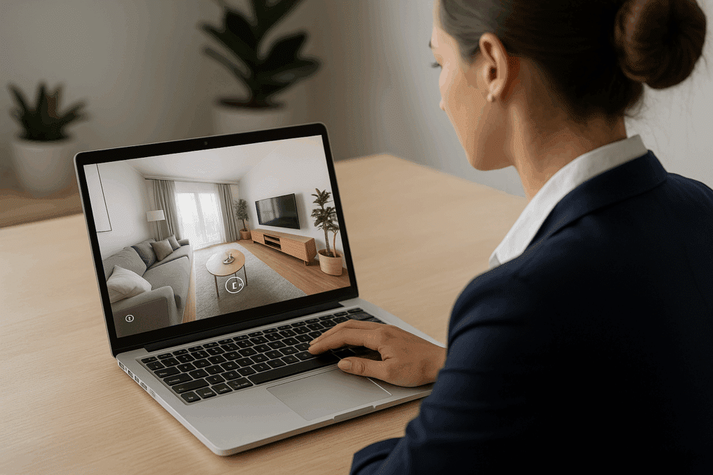 Mujer profesional visualizando una visita virtual 3D de una vivienda en su portátil, representando los beneficios digitales de mostrar espacios online para atraer clientes